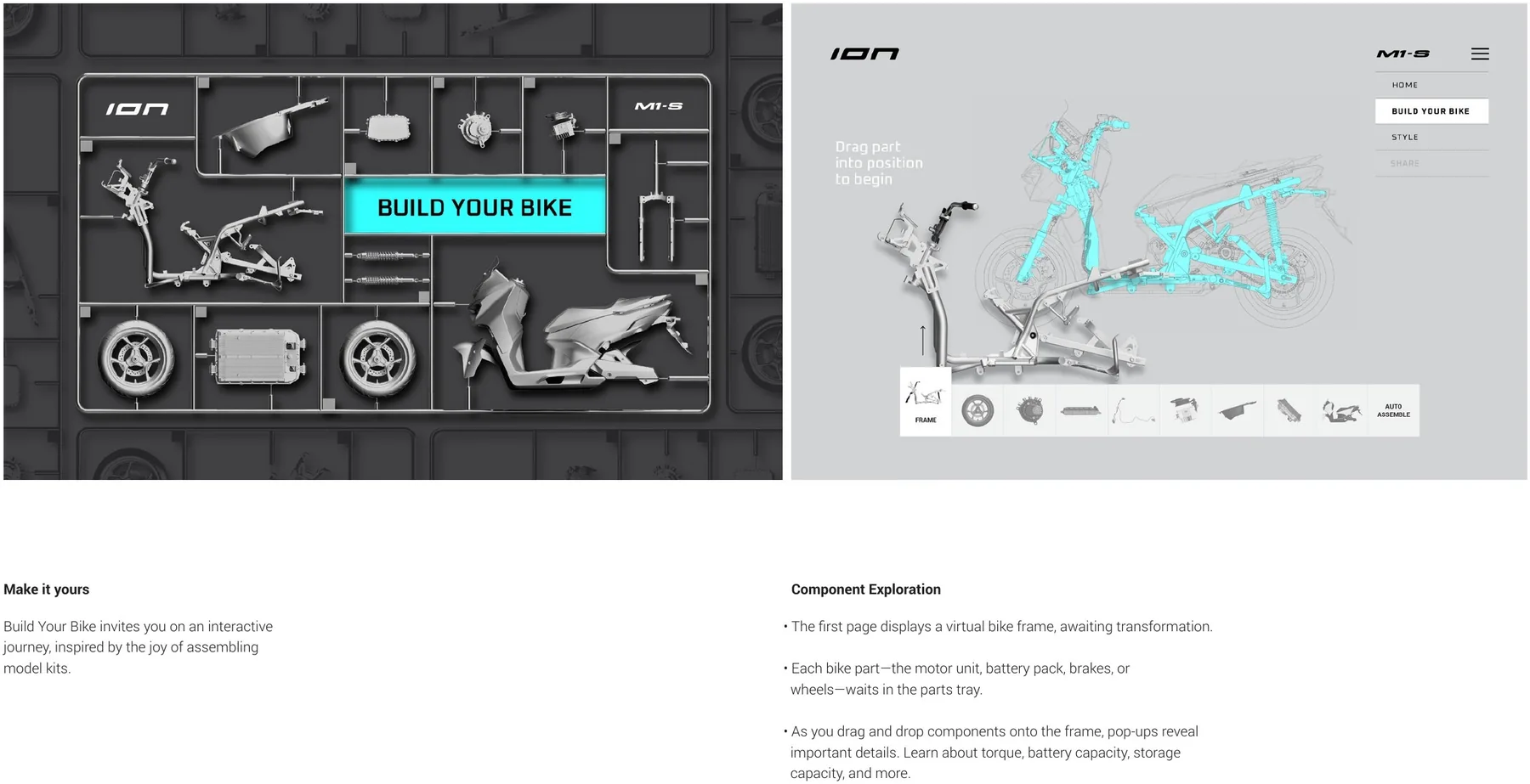 Parts tray and frame-builder interface, ION M1-S