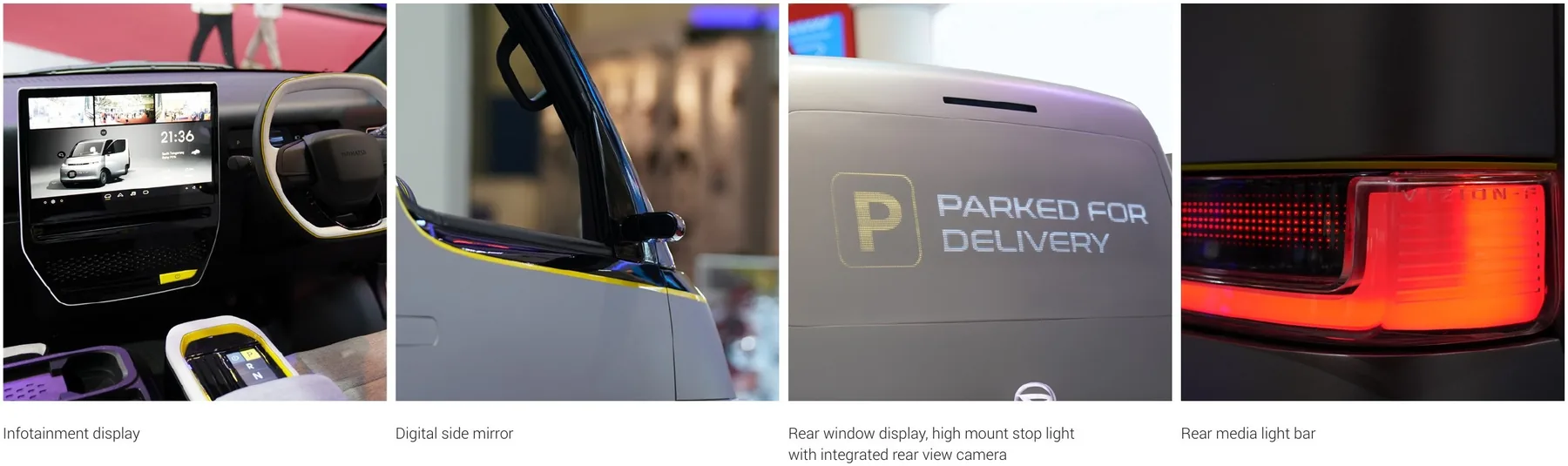 Infotainment display, digital side mirror, rear window display with high-mount stop light, rear media light bar